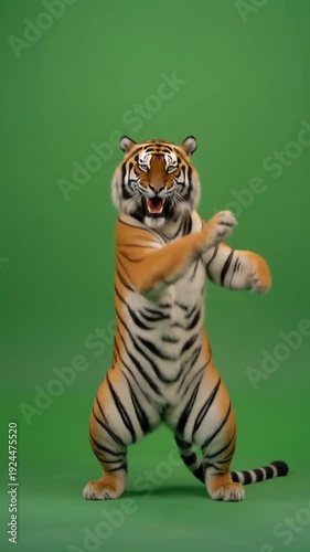 Tiger's Upright Stance: A majestic tiger stands tall, showcasing its powerful form against a verdant backdrop, highlighting its striped pattern and intense gaze.