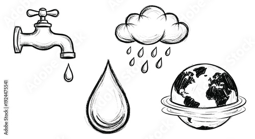 Dripping faucet, rain cloud, water drop, and planet Earth sketch illustration