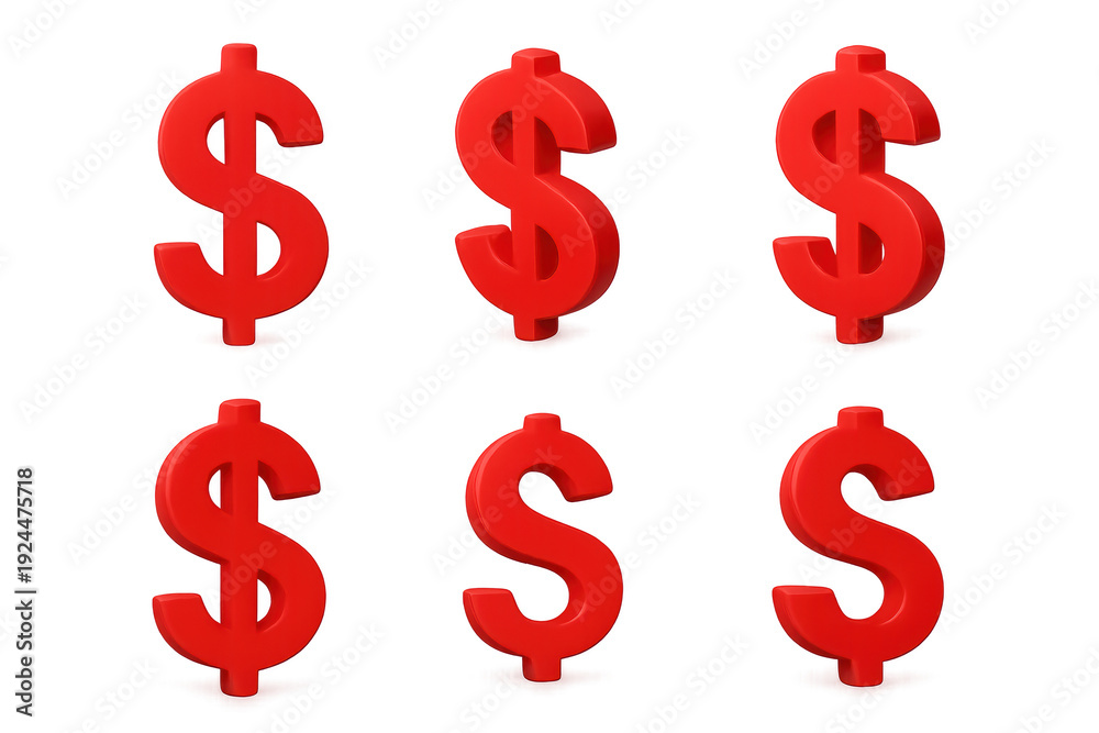 Obraz premium Six red 3D dollar signs arranged in two rows on a transparent background