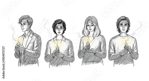 Diverse group of young adults holding candles with smoke rising, conveying solemnity and remembrance