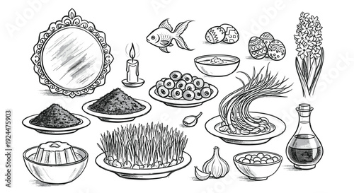 Haft-Seen table elements for Nowruz celebration, a collection of symbolic items