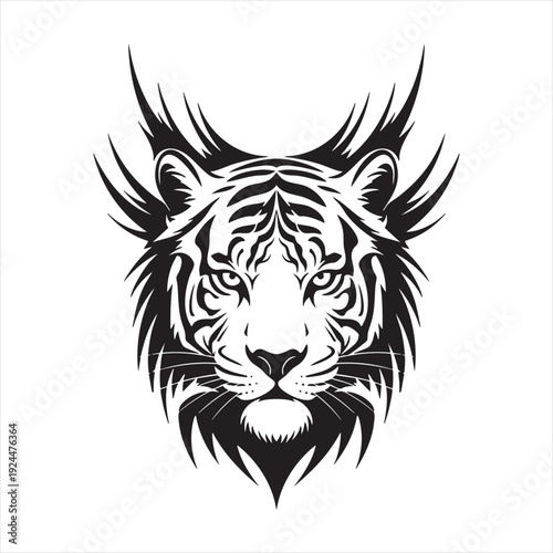 Tiger head mascot logo vector illustration with tribal fur patterns and intense gaze for sports team branding