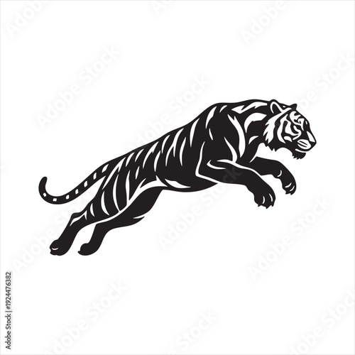 Tiger in mid-leap, powerful predator illustration, striped wild cat silhouette