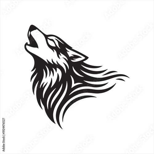 Wolf head howling, wild animal, tribal fur patterns, majestic creature, emotional expression