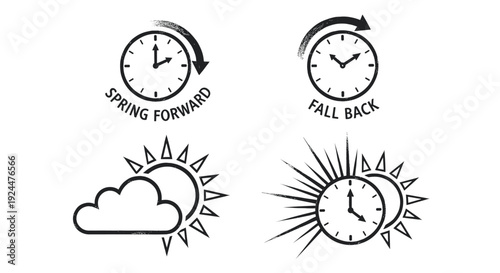 Daylight saving time icons showing spring forward and fall back with sun and cloud symbols