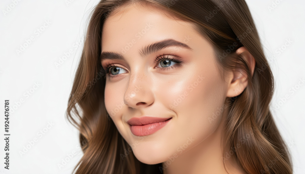Fototapeta premium Radiant Beauty's Gaze: A captivating headshot of a beautiful woman with soft features, gazing with a subtle smile, embodying poise and elegance.