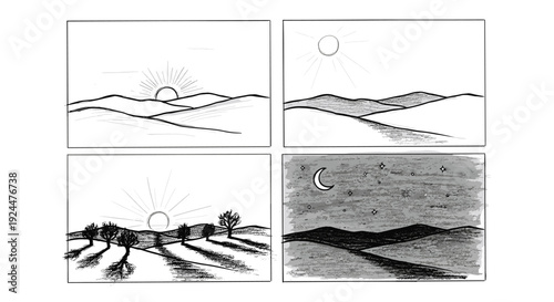 Four panel comic strip showing the progression of time from sunrise to nightfall in a landscape