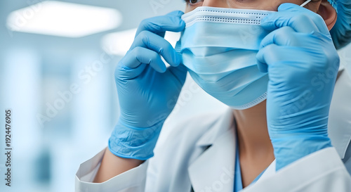 doctor or nurse using hand gloves and mask