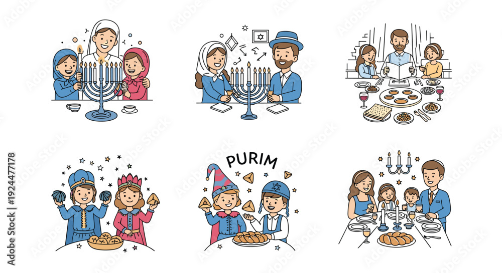 Obraz premium Jewish families celebrating holidays with traditions like Hanukkah, Purim, and Passover