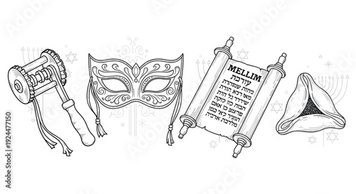 Purim holiday symbols: grogger, mask, scroll, and hamantaschen cookie