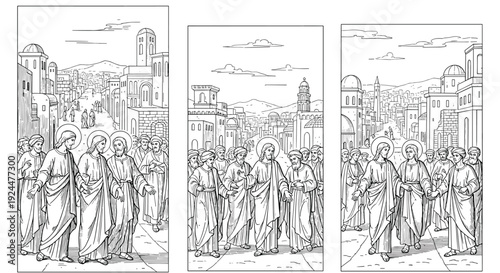 Jesus and his disciples walk through an ancient city, depicted in a triptych illustration