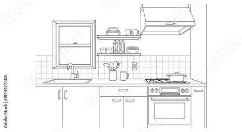 Clean line art drawing of a modern kitchen interior with sink, stove, and window