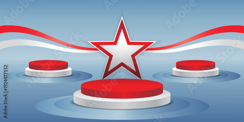 Set of abstract red and white, cylinder podium. Modern platform for product