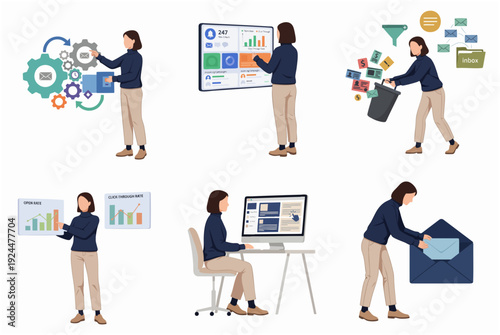 Flat Illustration Woman Working with Technology and Data Analysis in Office