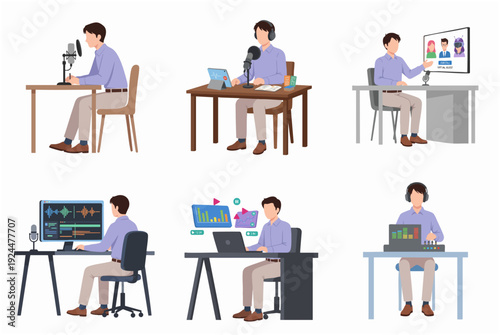 Flat Illustration Man Content Creator Podcast Streamer Recording Broadcast Set
