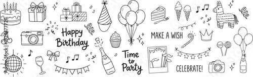 Hand drawn birthday doodle vector set with cake, balloons, party hats and celebration elements for greeting cards, invitations, social media posts, kids party decorations and festive branding designs