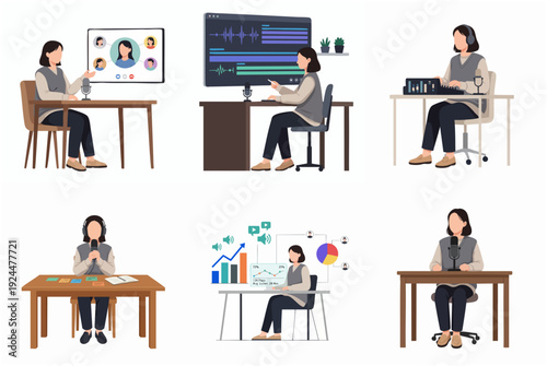 Flat Illustration Businesswoman Working At Home On Different Table Illustration Set