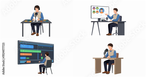 Flat Cartoon Style Man Streaming with Microphone Illustration Set