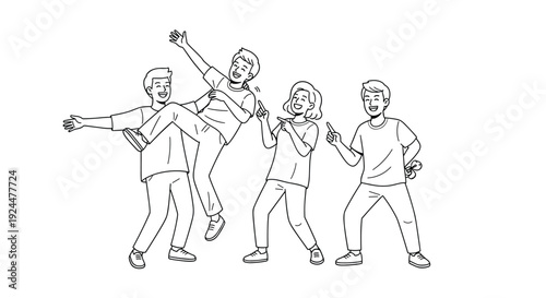 Group of friends having fun and playing together with energetic poses and smiles