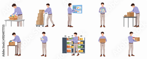 Minimalist Illustration Style Set of Man Handling Package Box Activities