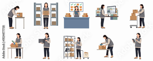 Detailed Illustration Set Delivery Service Employee Handling Packages and Boxes
