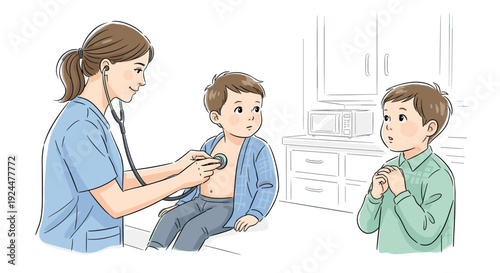 Nurse examines a young boy with a stethoscope while another child watches anxiously