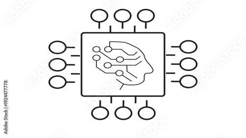 Artificial Intelligence processor chip icon with human head silhouette and circuit board lines. High-tech brain computing power concept.