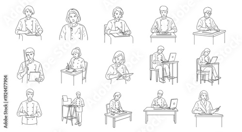 Diverse chefs in uniform learning and working at desks with laptops and notebooks