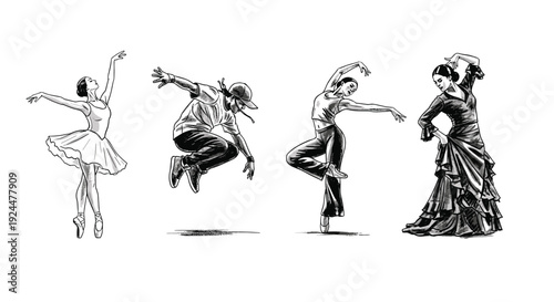 Diverse dancers showcase ballet, hip hop, contemporary, and flamenco styles in artistic illustration