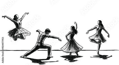 Dynamic sketch of diverse dancers performing ballet and contemporary moves on stage