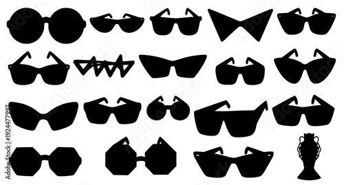 Playful Black Sunglasses Clip Art Set Cartoon Eyewear Collection with Trendy and Funky Shapes Isolated on White