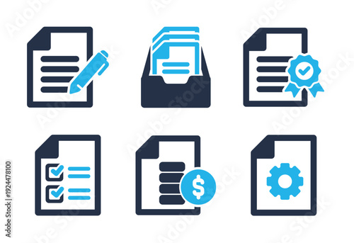 Document Administration and Settings icon set. Solid glyph series icons