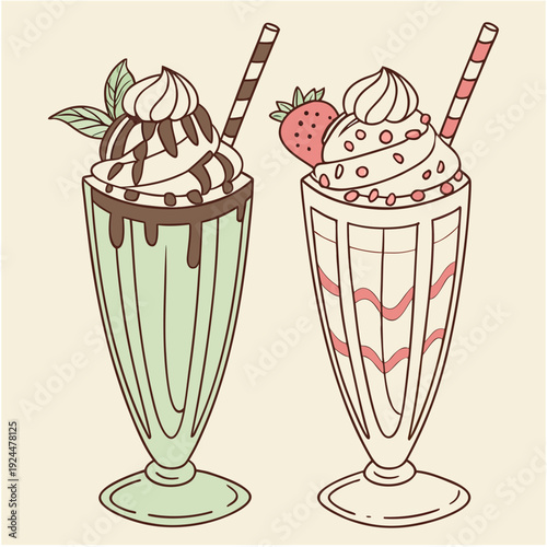 Two classic milkshakes: mint chocolate with whipped cream and strawberry with sprinkles, served in tall glasses with striped straws