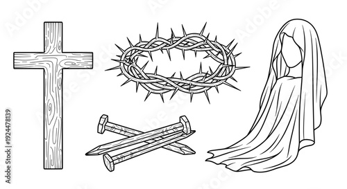 Christian symbols of the crucifixion: cross, crown of thorns, nails, and veiled figure