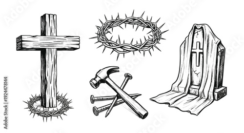 Christian symbols of the crucifixion and resurrection, including a wooden cross, crown of thorns, and tomb