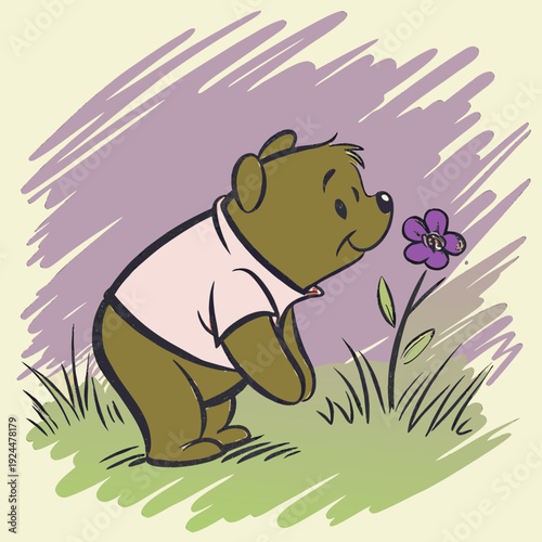 Adorable brown cartoon bear bending down to smell vibrant purple flower in green grass, innocent nature scene