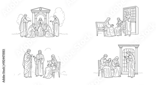 Biblical scenes depicting Jesus teaching and interacting with followers in various settings