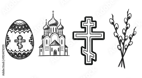 Orthodox Christian symbols: Easter egg, church, cross, and willow branches sketch