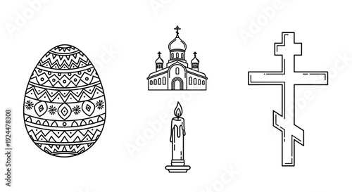 Collection of religious and holiday symbols: Easter egg, church, candle, and Orthodox cross
