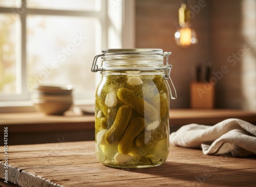 Glass Jar Filled With Pickles and Garlic Sitting On A Wooden Table With Soft Natural Light Streaming Through A Window