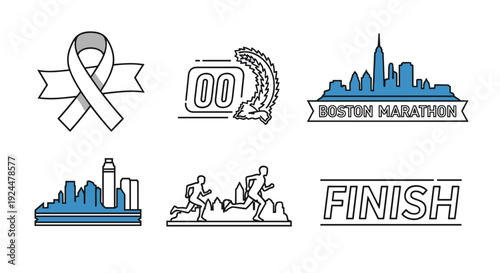 Set of marathon running icons including a ribbon, finish line, and city skyline