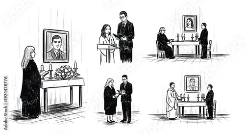 Scenes of mourning and remembrance at a funeral service with portraits and candles
