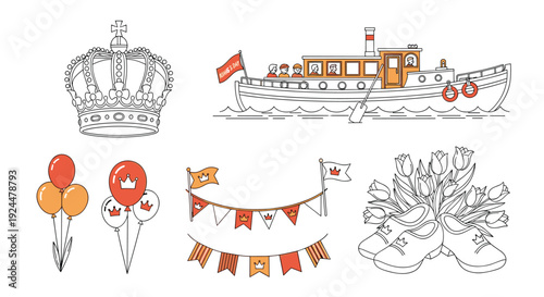 Collection of Dutch King's Day celebration icons with crown, boat, balloons, and tulips