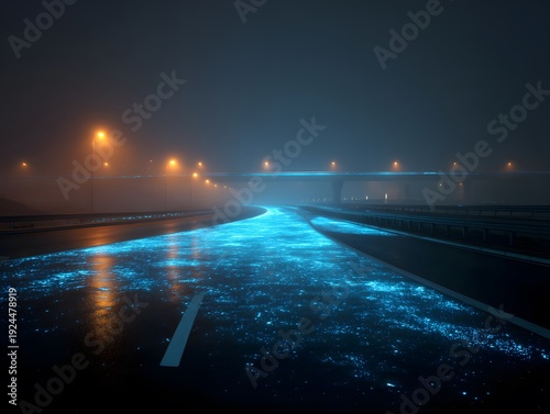 Mystical Highway of Light: A surreal night scene unfolds as a deserted highway glows with bioluminescent plankton, creating an ethereal, otherworldly path under the misty glow of streetlights.