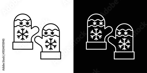 Winter gloves icon in solid fill style, displayed in black on white and white on black background. Ideal for cold weather themes, winter fashion, and seasonal designs.