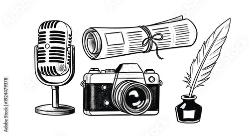Vintage journalism and media icons: microphone, camera, newspaper, and quill pen