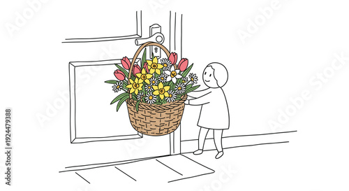 Child delivers a basket of spring flowers to a doorstep, a cheerful greeting