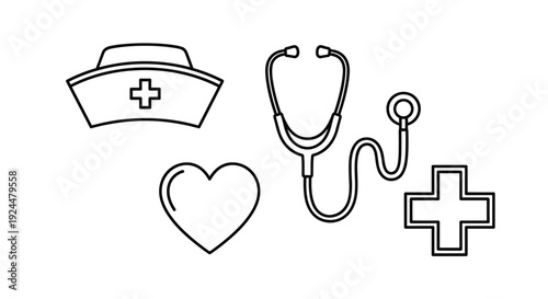 Medical icons including a nurse hat, stethoscope, heart, and cross on a white background