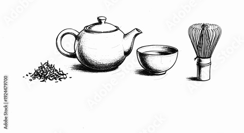 Traditional Japanese tea ceremony set with matcha whisk, teapot, and loose tea leaves