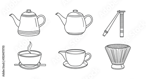Collection of traditional Japanese tea ceremony utensils in a simple line art style
